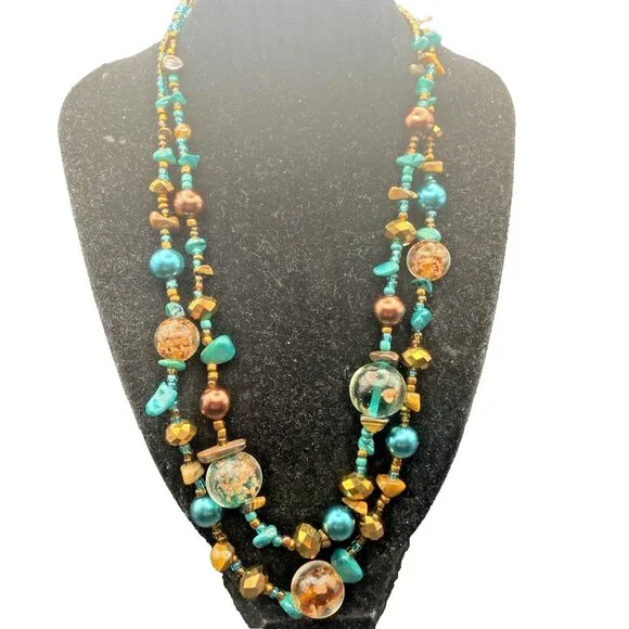 NWT Vtg EsMor Necklace Earring Set Faux Turquoise Copper Gold Foil Glass Bead - Picture 2 of 7